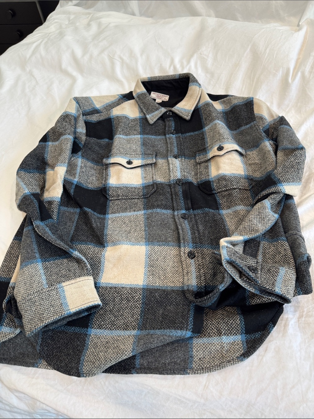 Wallace & Barnes Plaid Shacket Jacket - Black, Gray & Cream with Blue
